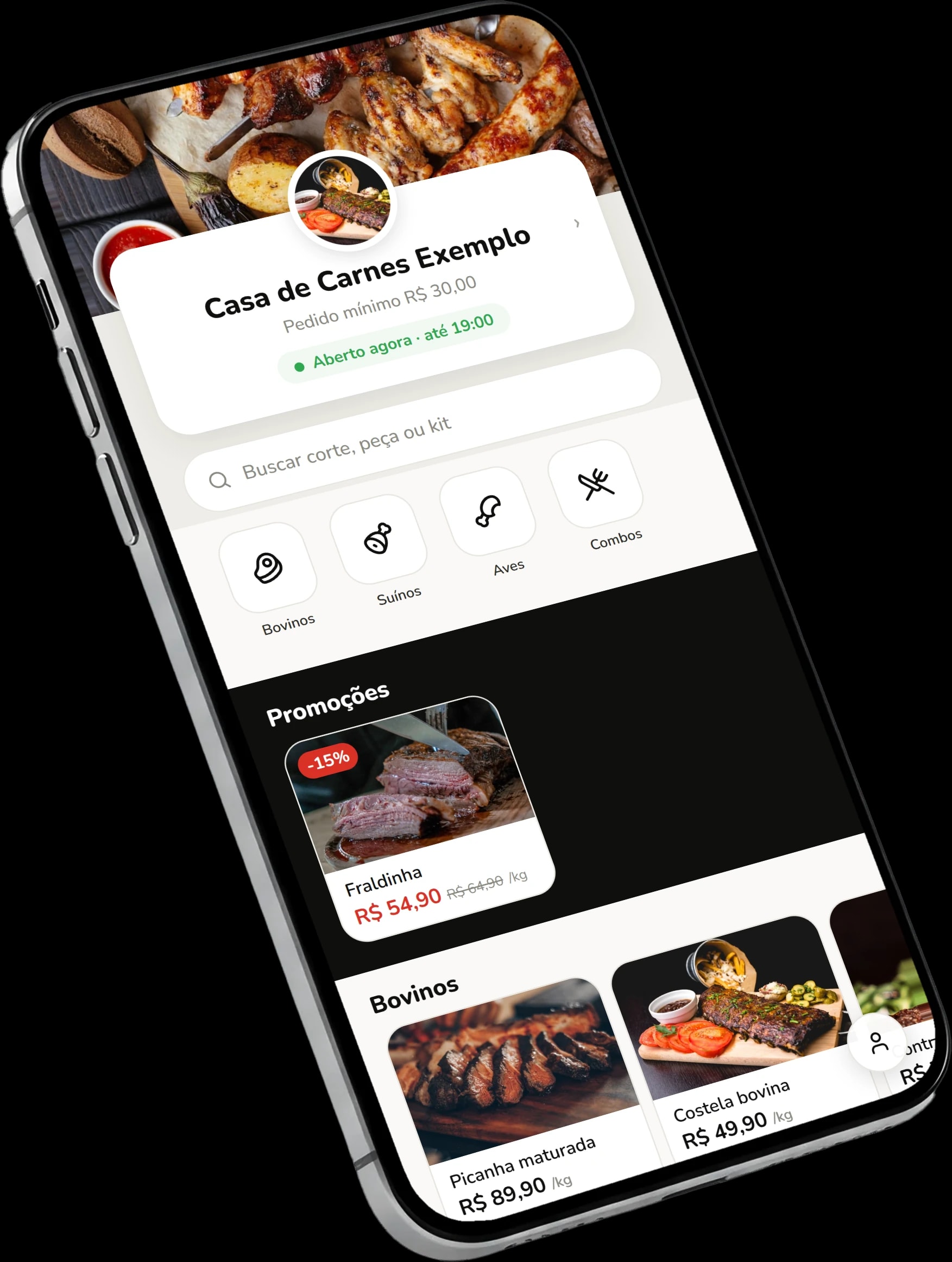 Cardápio digital aberto no celular do cliente, com fotos dos cortes e preços por quilo