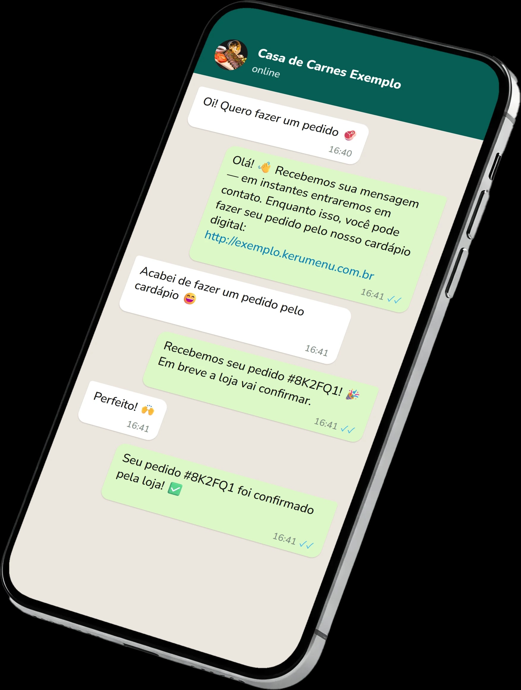 Cardápio de uma loja de exemplo compartilhado numa conversa de WhatsApp